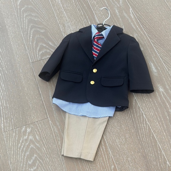 Nautica Kids Navy Blazer with Striped Shirt and Beige Pants - Picture 1 of 4
